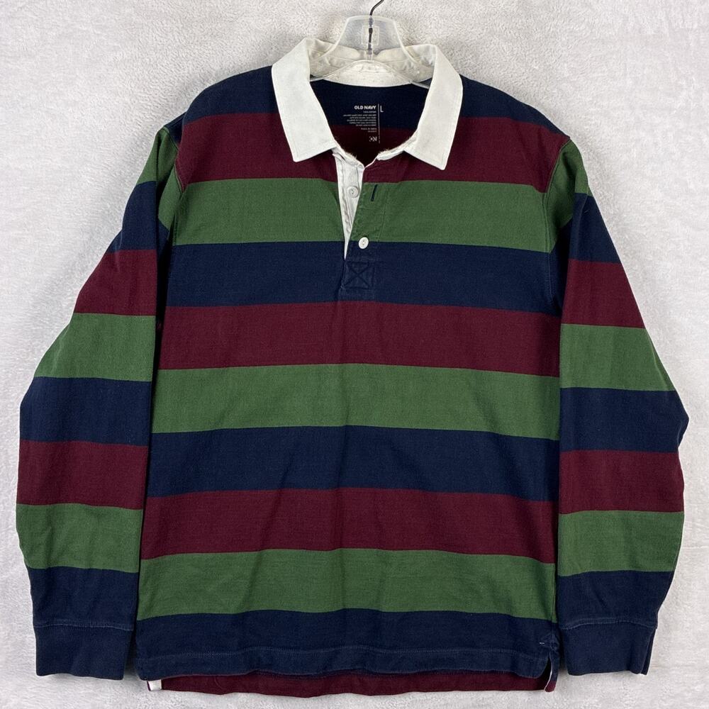 Old Navy Rugby Shirt Men L Blue Green Red Striped Preppy Collegiate Ivy League